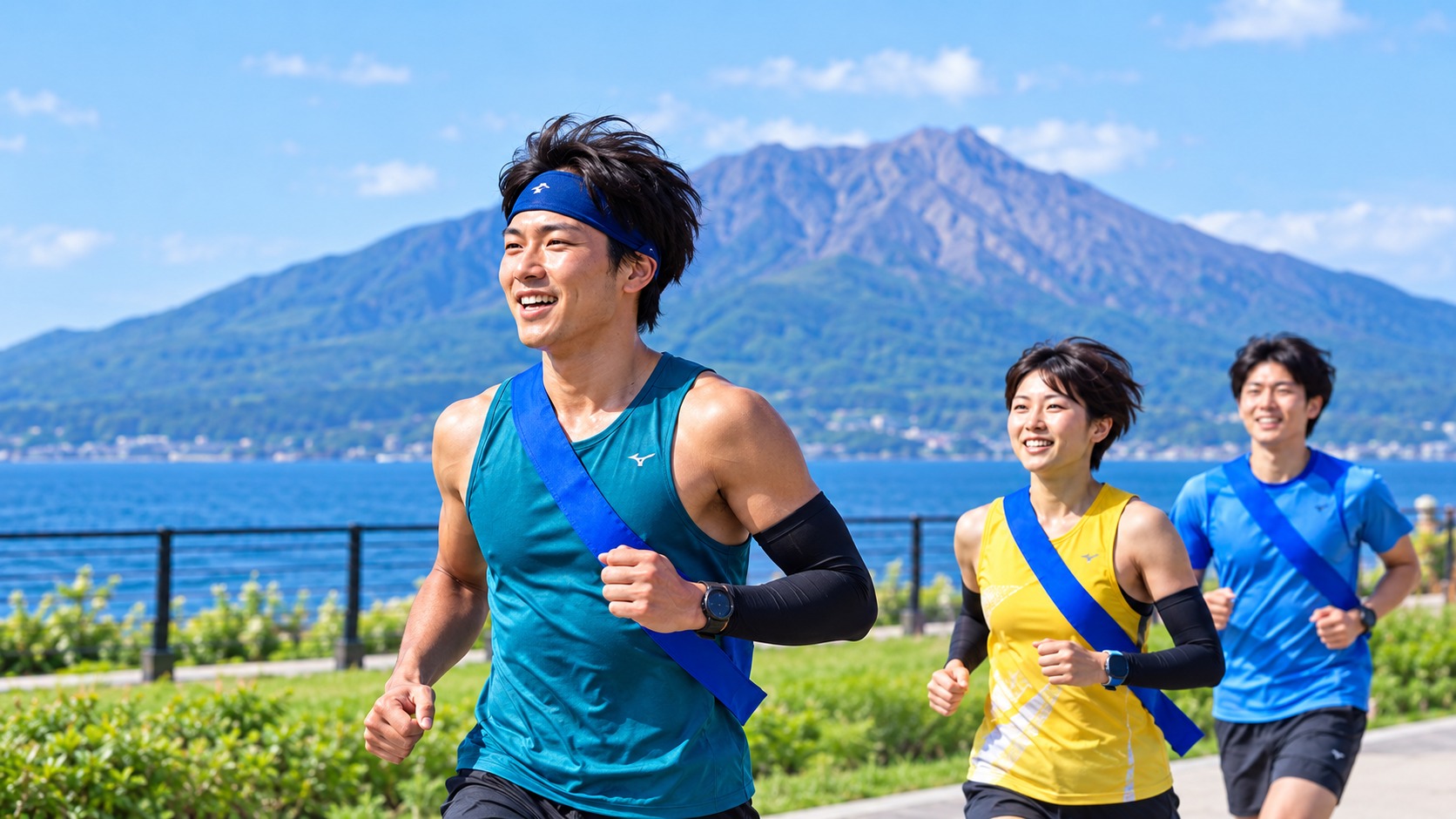 青い襷を掛けて走るランナーたち