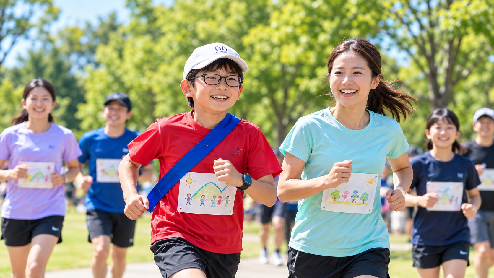 笑顔で走る子どもと大人のランナー
