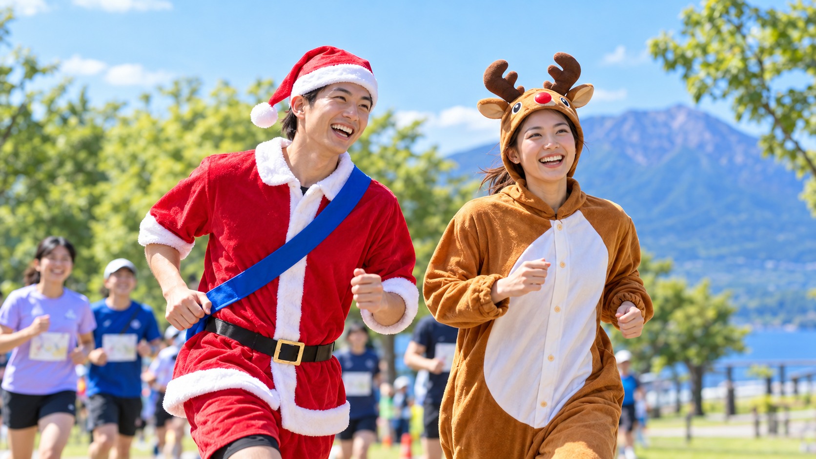 サンタとトナカイの仮装で楽しむランナー
