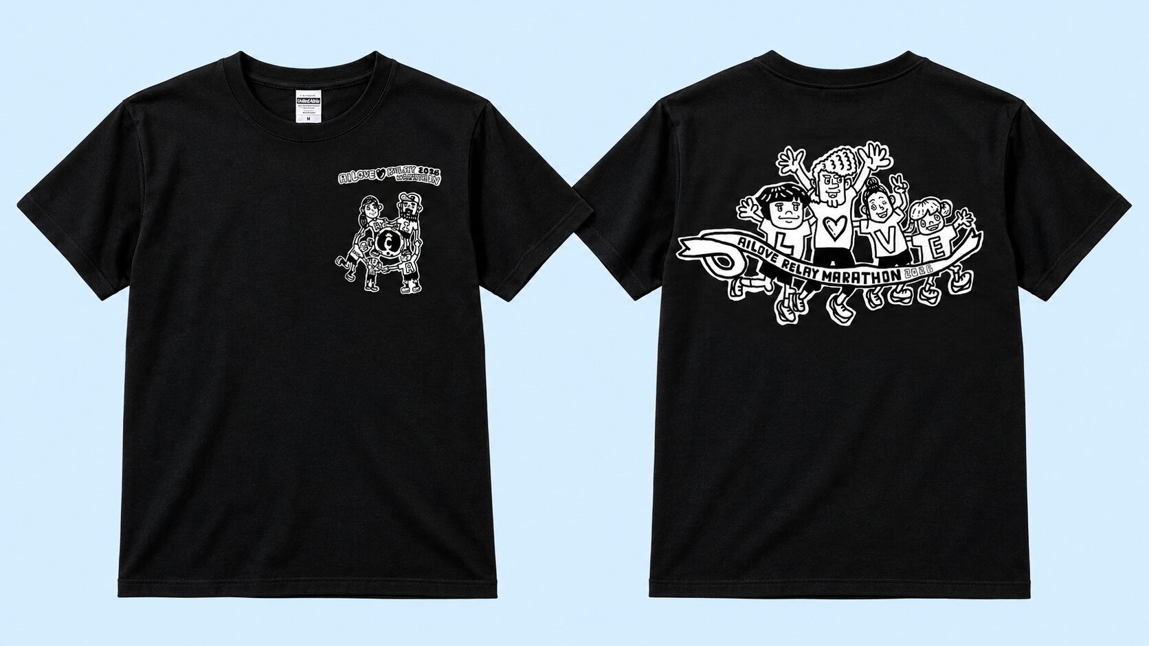 参加賞の黒いオリジナルTシャツ。左が胸のデザイン、右が背中のデザイン
